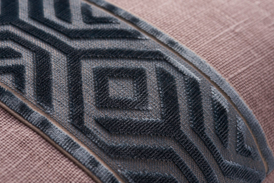 Belgian Linen with Geometric Cut Velvet Trim Thistle linen with Cerulean trim 22x22 Square Decorative Designer Throw Pillow Cover | House Finery