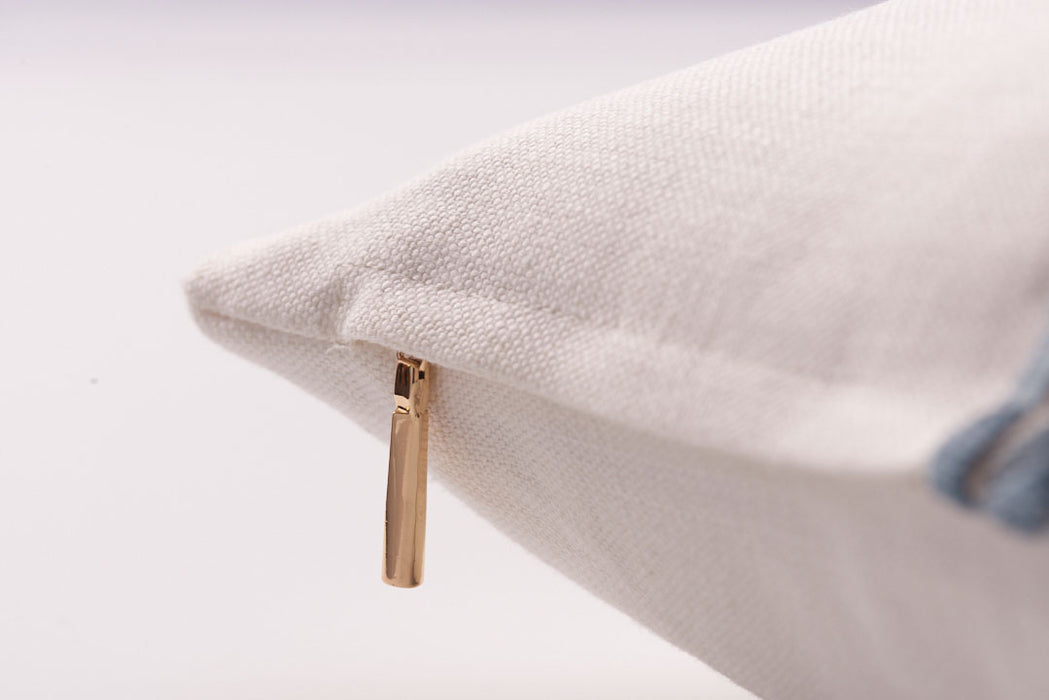 Belgian Linen with Geometric Cut Velvet Trim Snow linen with Cerulean trim Small Lumbar Decorative Designer Throw Pillow Cover | House Finery