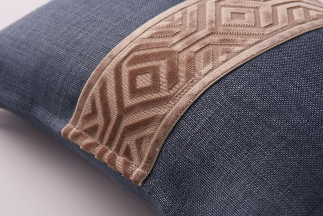 Belgian Linen with Geometric Cut Velvet Trim Midnight linen with Linen trim 22x22 Square Decorative Designer Throw Pillow Cover | House Finery